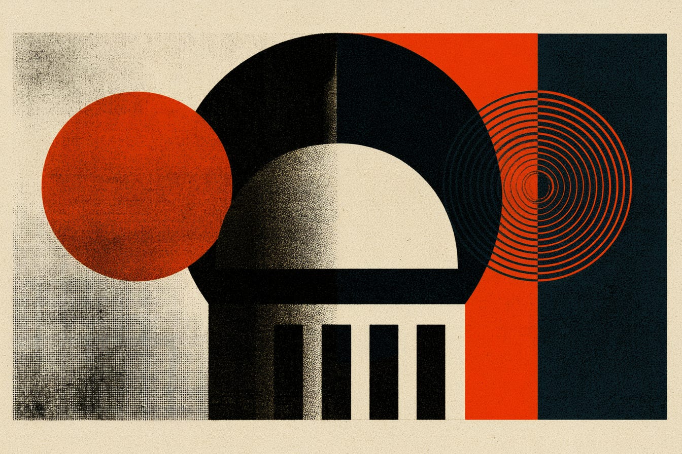 Mid-century print of a domed city hall with a red sun and concentric siren rings, on cream, vermillion, and ink-navy panels